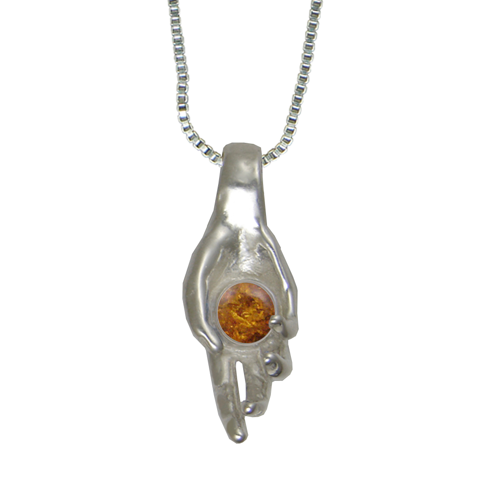 Sterling Silver Healing Hand Pendant With Amber